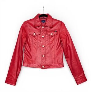 Vintage Tommy Hilfiger Jeans Leather Jacket Women S Red Trucker Y2K Lined Moto